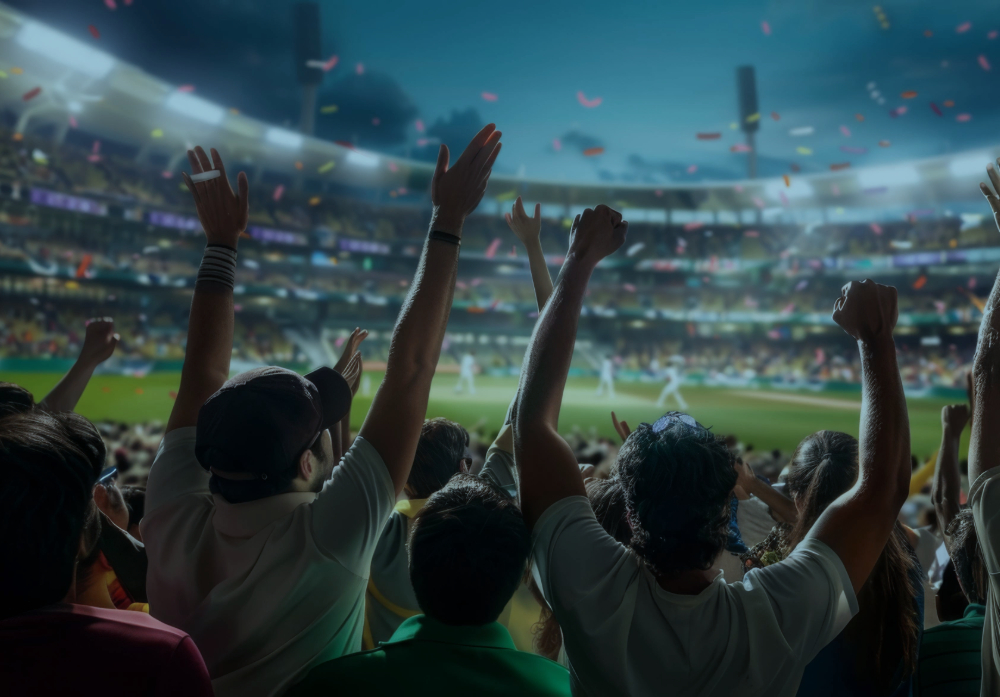 people celebrating in a stadium during a game